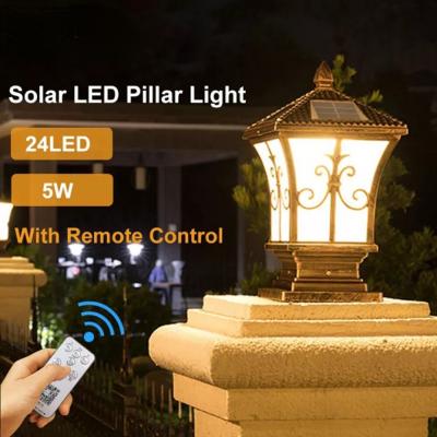 LED Solar Pillar Light Remote Control Retro Lantern Waterproof Outdoor Porch Column Lamp Night Light